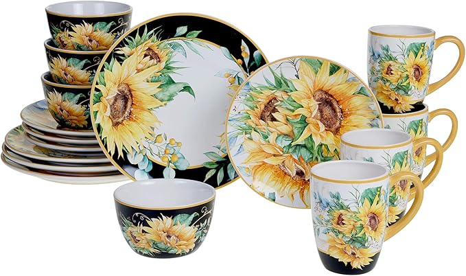 Sunflower Fields 16-Piece Ceramic Dinnerware Set – Great for Fall Gatherings, Daily Meals, Brunches, or Hosting – Service for 4 Includes Dinner Plates, Salad Plates, Bowls & Mugs