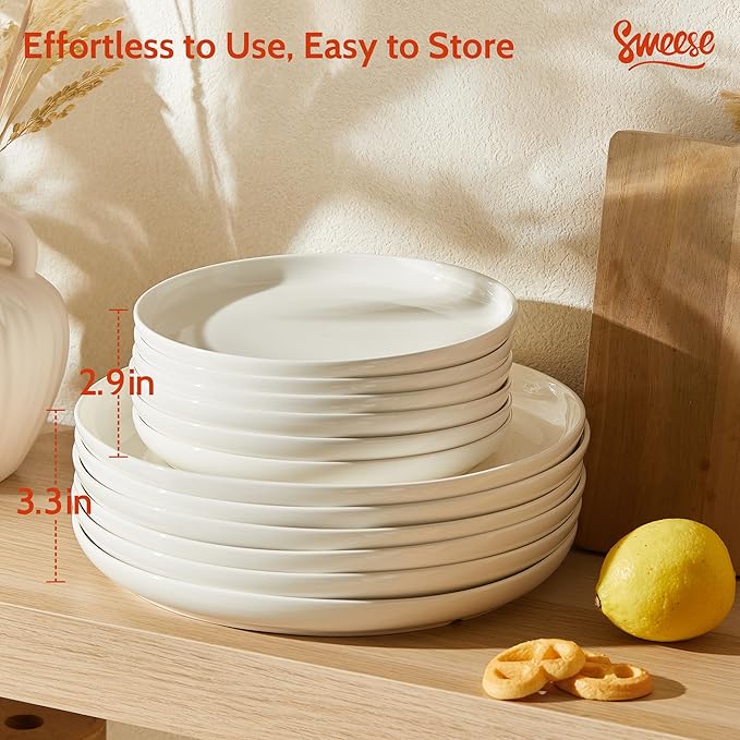 Sweese Porcelain Dinner Plates Set of 6, 10 Inch Lightweight Round Dish Set - Dishwasher, Microwave, Oven Safe, Scratch Resistant, Kitchen Serving Dishes - White
