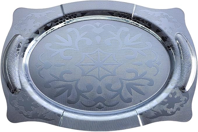 (Pack of 2) 14.2 inch x 9.8 inch Cloud Shape Chrome Plated Silver Serving Tray with Handles Mirror Iron Gold Edge Floral Pattern Engraved Party Birthday Buffet Wine Platter Plate NC-082
