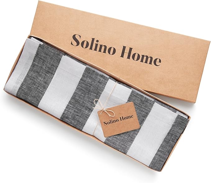 Solino Home Linen Placemats Set of 4 - Cabana Stripe Black and White Placemats 14 x 19 Inch - 100% Pure Linen Place Mats for Winter, Holiday