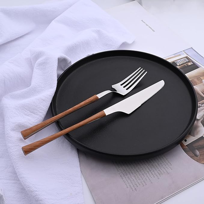 24PCS Flatware Set For 6 Stainless Steel Cutlery Set with Imitation Wood Grain Handle Kitchen Tableware With Knives Spoons And Forks Set Silver Mirror Polished Eating Utensils for Home & Camping