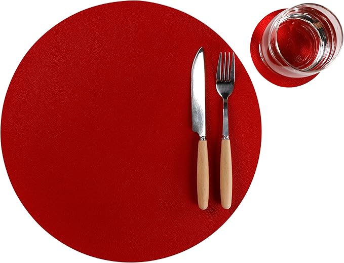 Wipeable Placemats and Coasters Leather Table Mats Waterproof Heat-Resistant Easy to Clean for Dining Table Set Kitchen Table Set of 6, Red