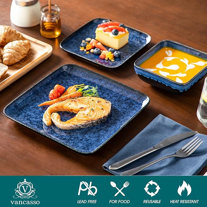 vancasso Stern Blue Dinnerware Set Square Tableware 16 Pieces Kitchen Dinnerware Stoneware Crockery Set with Dinner Plate, Dessert Plate, Bowl and Soup Plate Service for 4