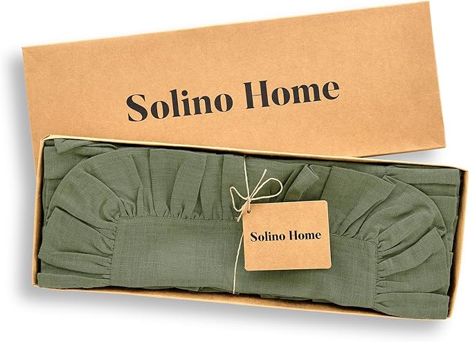 Solino Home Linen Placemats Set of 4-100% Pure Linen Oil Green Placemats 14 x 19 Inch - Gabrielle Ruffle, Handcrafted and Machine Washable - Christmas, New Year