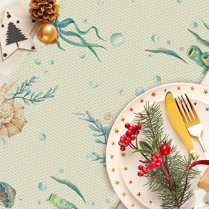 Sea Turtle Starfish Table Runner Seasonal Holiday Kitchen Dining Linen Table Decoration for Indoor Outdoor Home Party Decor 13 x 72 Inch