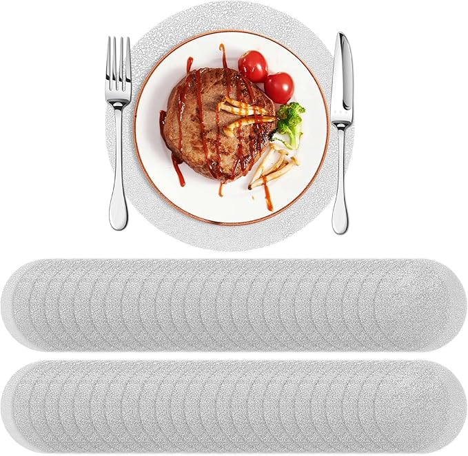 50 Piece Silver Placemats 13 Inch Disposable Silver Foil Place Mats Round Mesh Pressed Paper Placemat for Elegant Wedding, Birthday Party, Church Banquet, Dinners, and Dining Room Table Decor