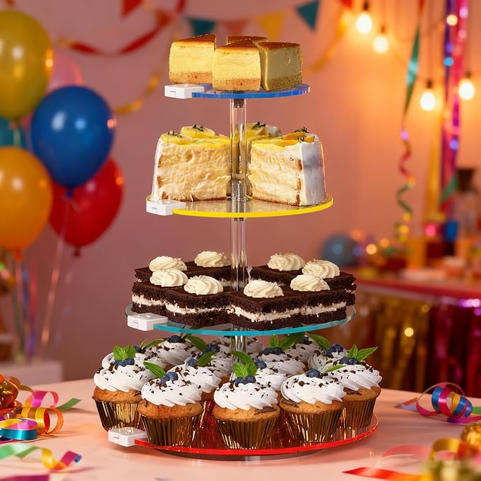 4-Tier Rotating Cupcake Stand with LED Lights - 360° Spinning Display Tower for Desserts, Cakes & Pastries - Rechargeable 7-Color Changing Serving Tray for Weddings, Parties & Festive Gatherings (Round Clear Acrylic)