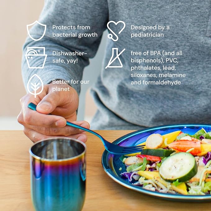 Ahimsa Stainless Steel Plates for Kids, 9" Colorful Stainless Steel Plates, Pediatrician Designed & Non Toxic, Unbreakable, Dishwasher Safe, Set of 4 Blue