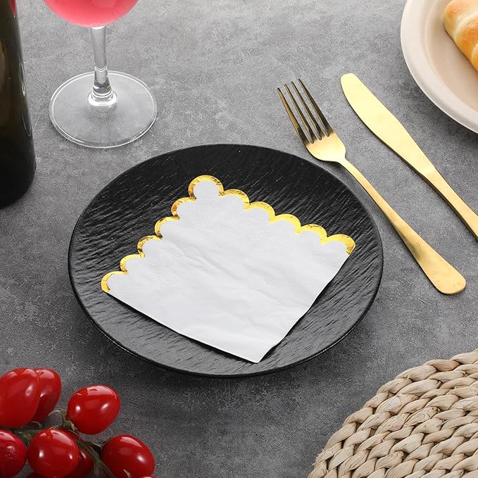 200 Pcs White and Gold Napkins, Scalloped Napkins Cocktail Napkin Paper with Gold Foil Disposable Beverage Napkin Golds Cocktails Napkines Bulk for Dinner Wedding Birthday Party Beverage