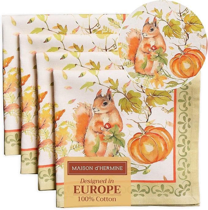Maison d' Hermine Cloth Napkins Set of 4 100% Cotton for Thanksgiving Christmas Decorations Everyday Reusable Square Fall Napkins Cloth Washable Dinner Party (Pumpkin Passion, 20"x20")