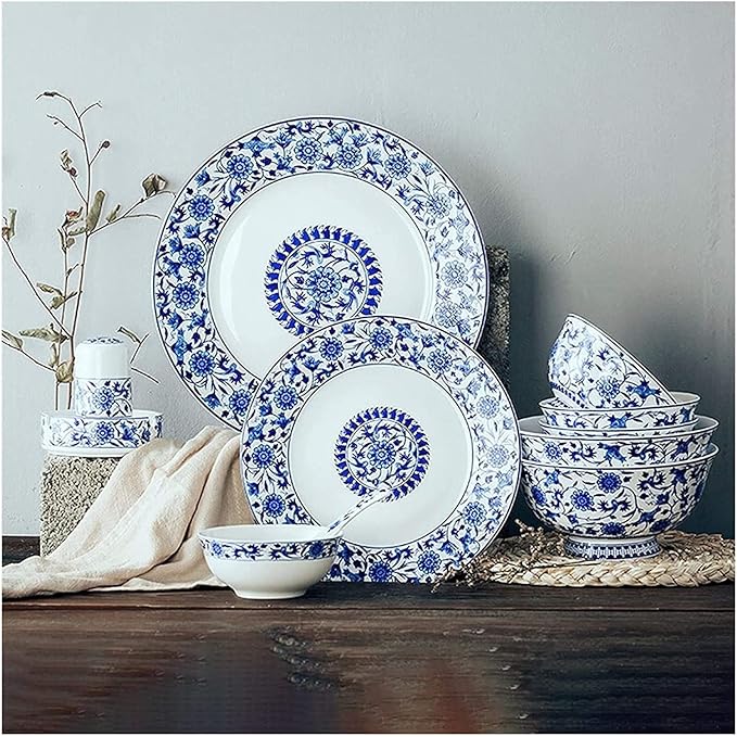 Dinnerware Set Dinner Party Tableware Service Set Ceramics Dinner Sets, 26 Pieces Blue and White Porcelain Dinnerware Set | Gift Box Steak Plate Cereal Bowl and Soup Bowl, FPYY2024040817