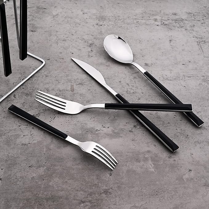 30pcs Modern Handle Flatware Set, Stainless Steel Cutlery Set Include Knife/Fork/Spoons, Mirror Polish, Service for 6 (Black Silver)