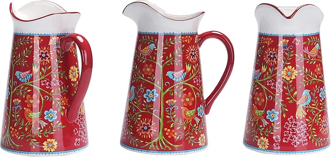 Bico Red Spring Bird Ceramic 2.5 Quarts Pitcher with Handle, Decorative Vase for Flower Arrangements, Dishwasher Safe