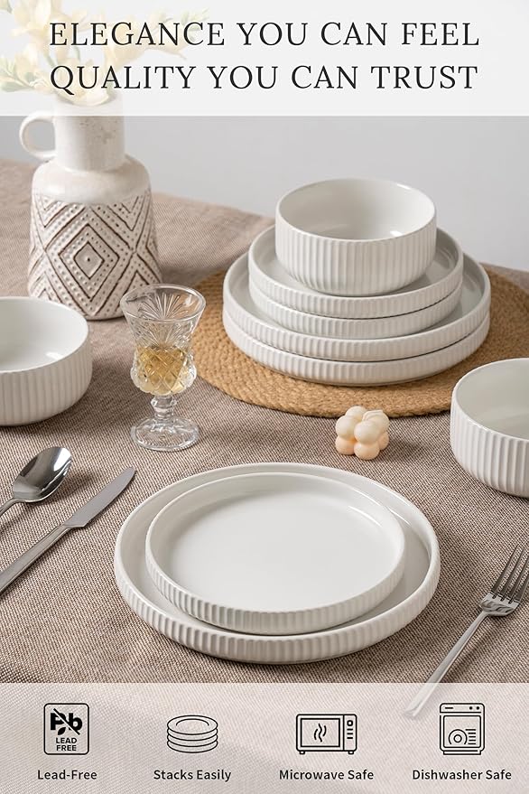 Dinnerware Sets for 4,Microwave Safe Plates and Bowls Sets,12 Piece Dylan Dish Set,Reactive Glaze Stoneware Dinnerware Set (Gloss Reactive Snow White, Service for 4 (12pcs))