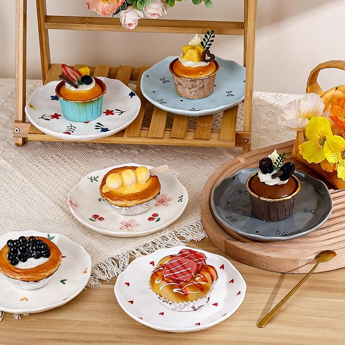Koythin Ceramic Dessert Plates, Cute Fruits Dinner Plate, Creative Plates Design, Printed Flowers Dinnerware for Office and Home, Kitchen Plates for Desserts (Small Love)