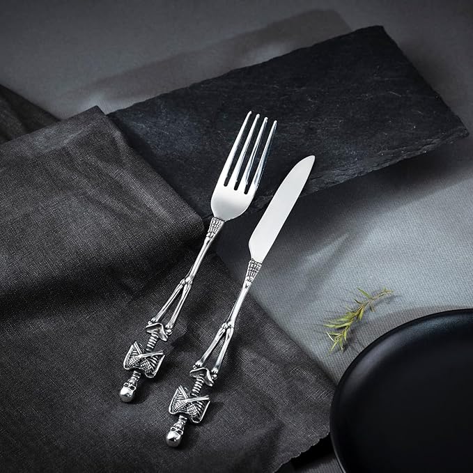 HZMAN Gothic Skull Flatware: Dinner Knife, Dinner Fork, Soup Spoon & 3-Piece Place Setting, Stainless Steel Cutlery Set for Home Kitchen, Halloween Table Decor