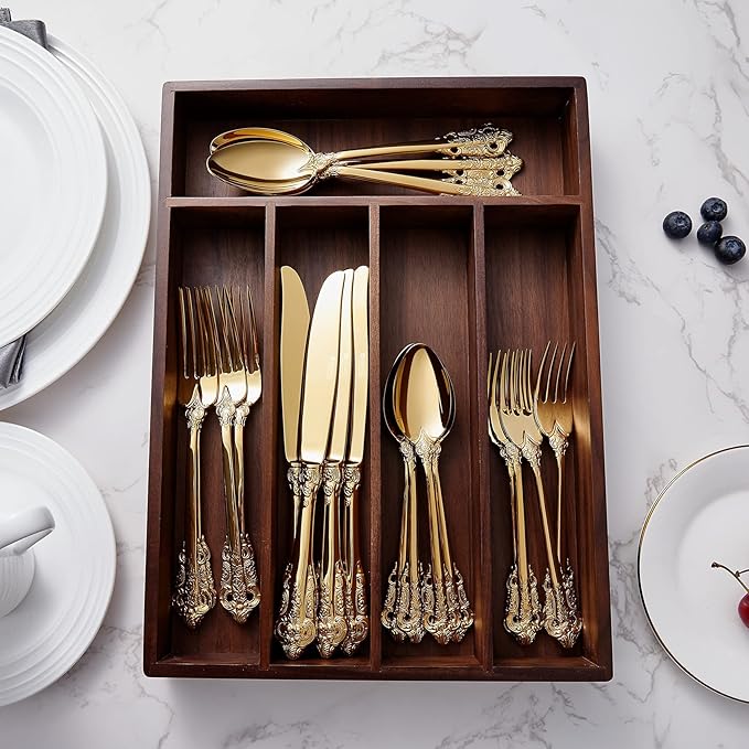 KEAWELL Luxury 65-Piece Flatware Set, 18/10 Stainless Steel Tableware, Service for 12, Antique Baroque Gold-Plated Silverware Set (Gold)