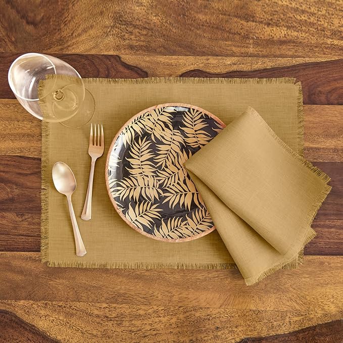 Solino Home Fringe Linen Napkins Set of 4-100% Pure Linen Camel Dinner Napkins 20 x 20 Inch - Handcrafted and Machine Washable