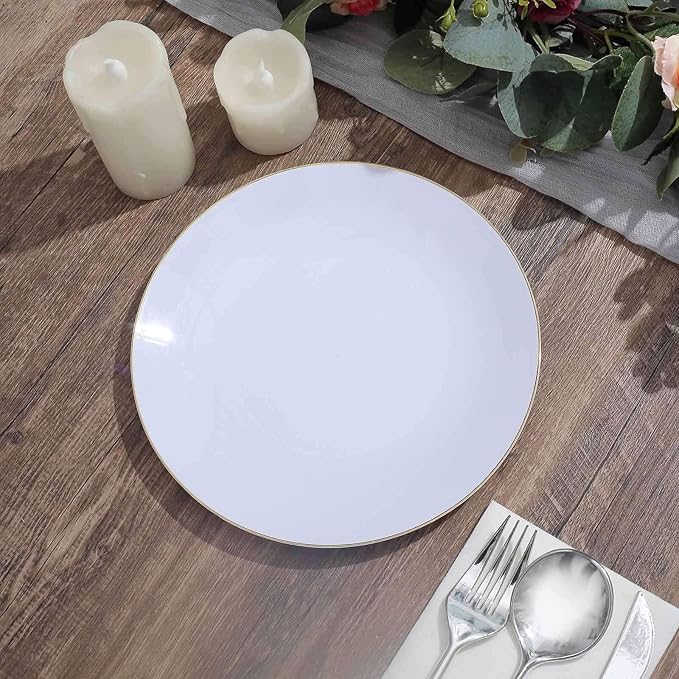 Efavormart 10 Pack | 8" Glossy White Round Plastic Dinner Plates With Gold Rim, Disposable Party Plates