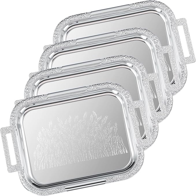 4 Pcs Silver Serving Tray with Handles Elegant Victoria Floral Engraved Metal Platters Large Decorative Trays for Buffet,Wedding Party, Jewelry Display, Service (Modern,Sliver)