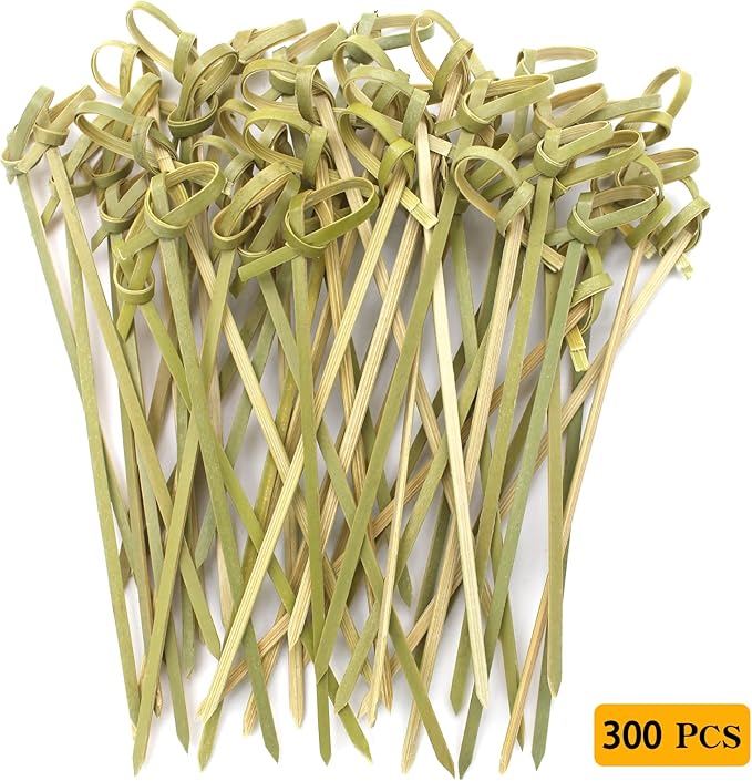 300pcs 4.7 IN Bamboo Cocktail Picks with Looped Knot,Nature Color,for Cocktail Party, Barbeque, Club Sandwiches (narure green-300pcs)