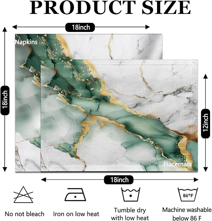 Mcalk 4 Each Green Marble Placemats and Cloth Napkins Set of 8, Modern Art Placemat, Marble Print Cloth Napkin for Home Kitchen Decor (Placemats 18 "x12 Napkins 18 "x18)