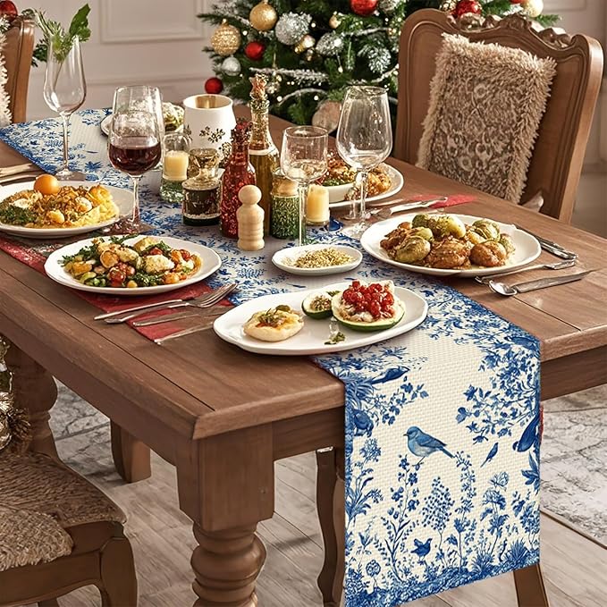 Blue Floral Birds Table Runner Seasonal Spring Kitchen Dining Linen Table Decoration for Indoor Outdoor Home Party Decor 13 x 72 Inch