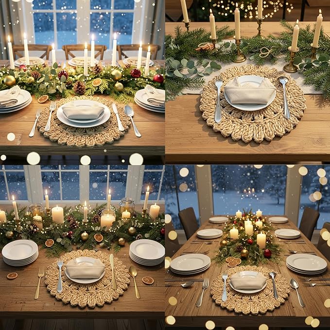 13.8" Round Corn Husk Placemats | Boho Woven Rattan Table Mats | Natural Spring Farmhouse Plate Chargers | Handmade Rustic Wicker Place Mats for Christmas Wedding (Set of 4)