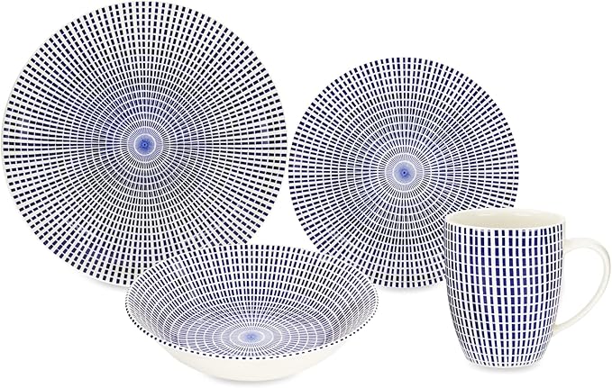 TUDOR ROYAL Porcelain 16-Piece Round Dinnerware Set, Service for 4, Singapore Blue Design, Blue Radial, Plates Bowls Mugs Dishes, Premium Quality Ceramic Tableware, Unique Pattern, Glossy