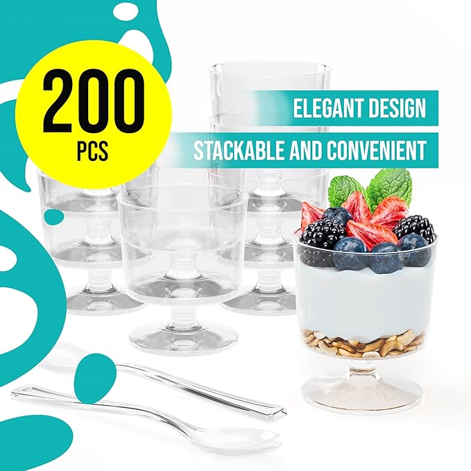 Exquisite Mini Dessert Cups With Spoons 200 Pcs - 2 Oz Round Clear Plastic Pudding Cups Disposable With Tasting Spoons 100 Sets | Mini Parfait Cup | Appetizer Cup For Party & Events