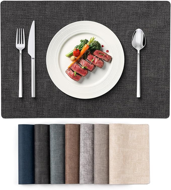 Vinyl Placemats Set of 4 - Faux Leather 100% Waterproof Oil-Proof Wipeable PU Place Mats, Heat Resistant Reversible Table Mats for Kitchen, Dining, Outdoor (Black)