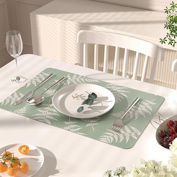 QIYI Placemats Set of 4, 12x18 Inch PU Leather Place Mats for Kitchen Dinning, Heat Resistant Anti Slip Green White Table Mats, Waterproof Wipeable Washable Placemat Party Table Décor, Fern Leaves