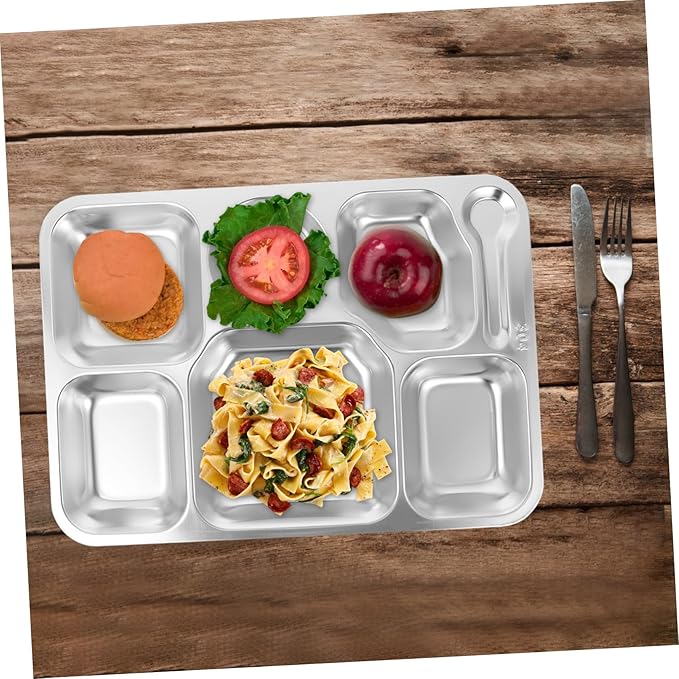 Healifty Stainless Steel Divided Food Serving Tray Sections Compartment Plate for Dining Camping and Picnics Safe and Easy to Clean Eating Plate