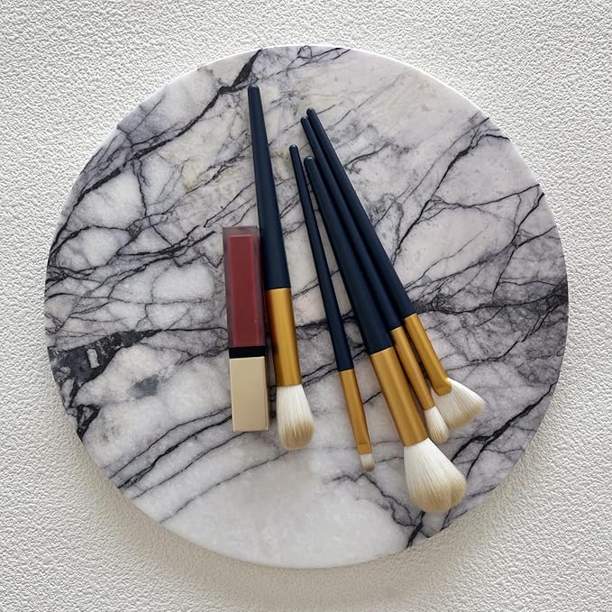 Natural Round Marble Tray Glossy Pastry Board for Dessert, Cheese, Coffee, Smooth on Both Sides (Black Purple)