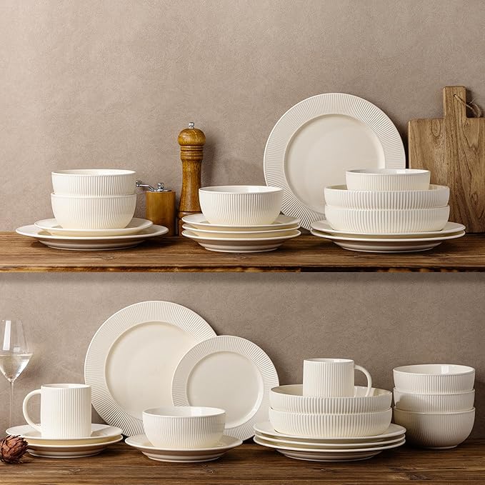 TheTerra Stoneware Dinnerware Sets for 4, 12 Pieces Ceramic Plates and Bowls Sets, Scratch Resistant Embossed Dish Set, Oven, Microwave & Dishwasher Safe, Beige