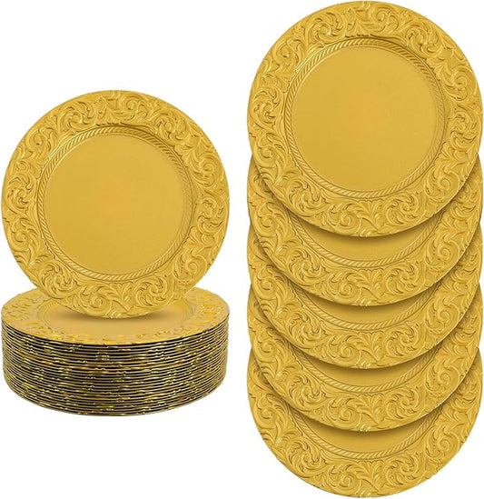 50 Pcs Antique Charger Plates Bulk 13" Round Floral Chargers for Dinner Plates, Gold Charger Plates for Wedding, Party, Elegant Tabletop Decor (Gold)