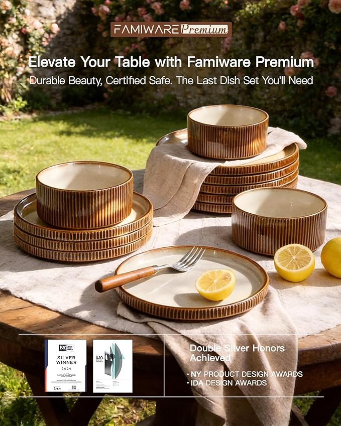 Stoneware Plates and Bowls Dishes Sets Service for 6 (18-Piece), Handcrafted Reactive Glaze Dinnerware Set with Raised Rim, Scratch Resistant, Microwave Dishwasher Safe, Cream Cocoa