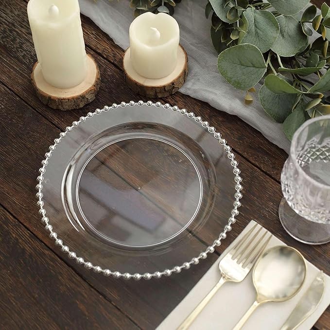8" Salad Plates - Set of 30 - Plastic Clear/Silver Round Disposable Dessert Appetizer Plate Beaded Rim, Ideal for Dinner Party Wedding Bulk Events