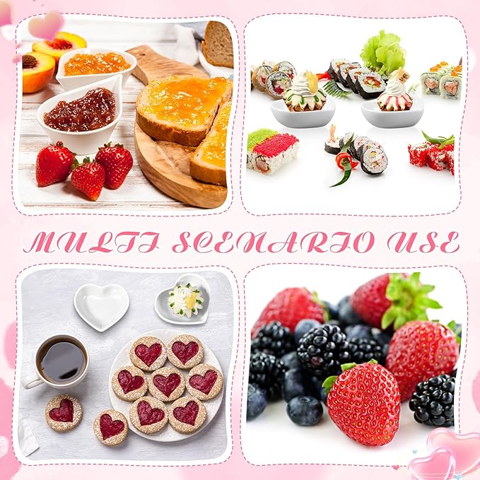 6 Pieces Heart Shaped Bowls Ceramic Dip Bowl Plates Multipurpose Salad Bowls Appetizer Plates Cooking Gifts for Candy Sauce Sushi Dipping Serving Wedding Anniversary Valentine's Day (White)