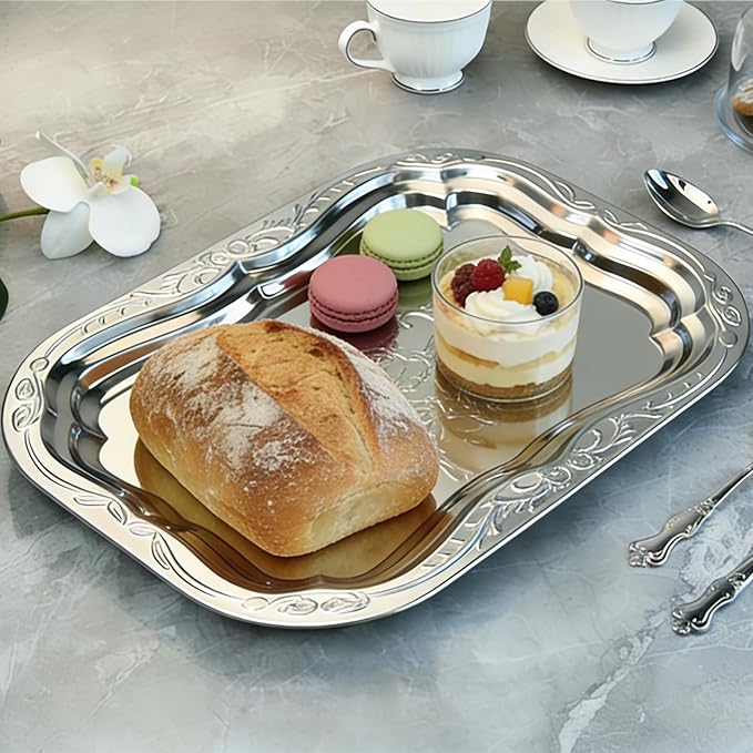 4-Pack Large Oval Silver Serving Trays - 15.7"x11.8" Mirror Platter Set for Party, Wedding, Birthday, Christmas, Appetizers, Desserts, Food Display, Kitchen Table, Buffet