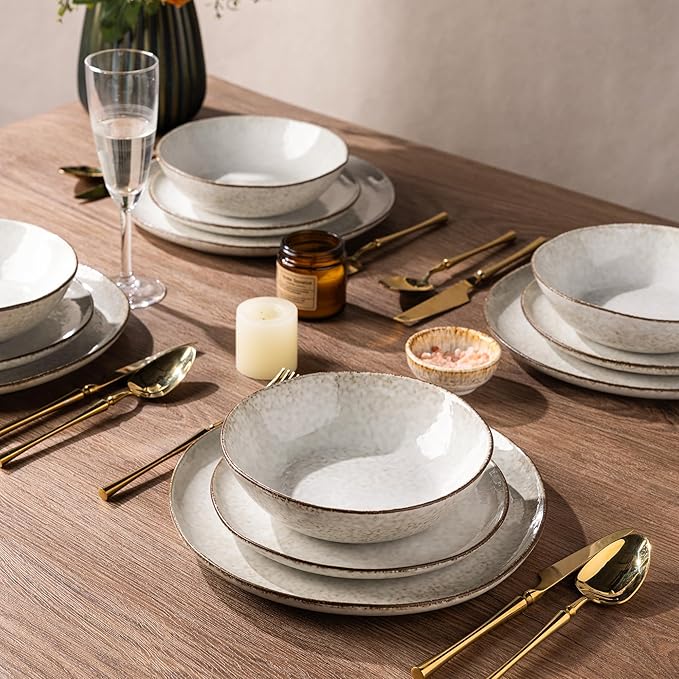 AmorArc Ceramic Dinnerware Sets,Handmade Reactive Glaze Stonewre Plates and Bowls Sets,Highly Chip and Crack Resistant | Dishwasher & Microwave Safe Dishes Set,Service for 4 (12pc)
