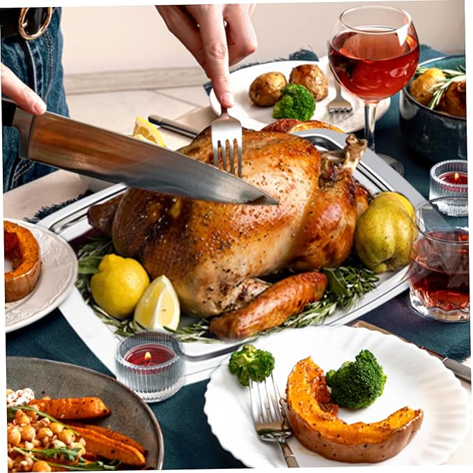 Stainless Steel Carving Tray Spiked Meat Dish with Spiked Caps Polished Non-Slip Serving Tray Turkey Pan for Slicing Cutting Chopping Xmas Decor