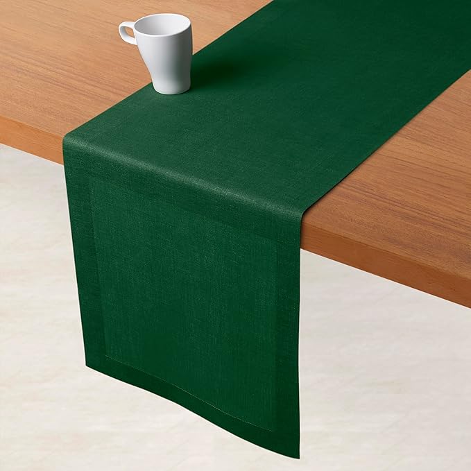 D'Moksha Homes Linen Table Runner 36 Inches - 100% Pure Linen Forest Green Small Table Runner 14 x 36 Inch for Dresser, Coffee Tables, Winter, Christmas, Holiday, New Year-Machine Washable