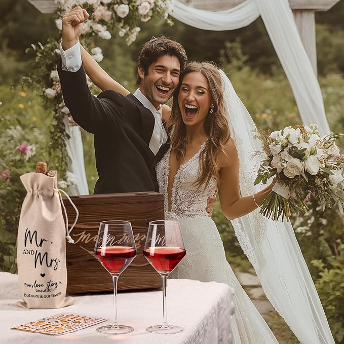 2025 Mr & Mrs Wine Glasses Gift Set with Memory Box,Wine Bag, Greeting Card – Engagement, Wedding & Newlywed Gifts for Couples, Just Engaged Gifts for Women, Christmas Couple Present