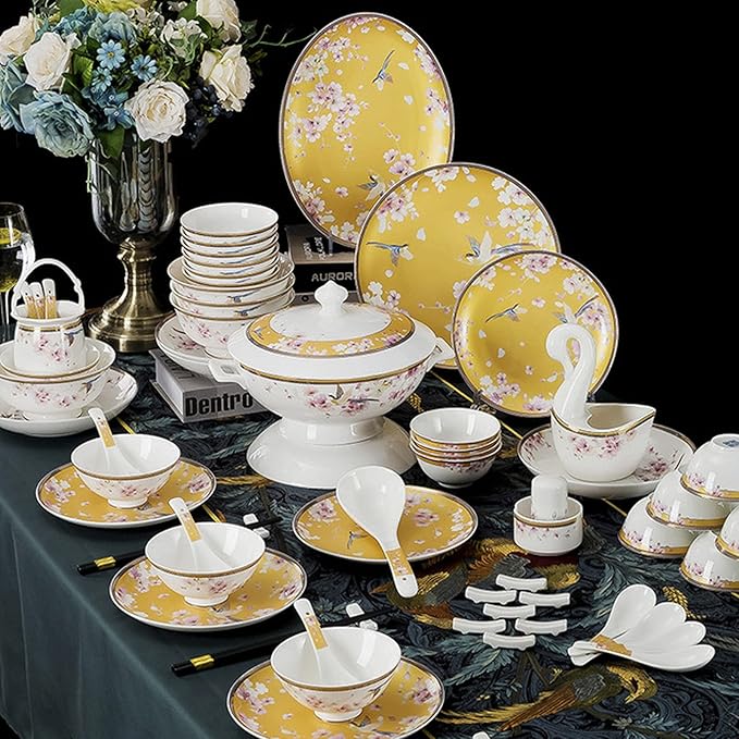 Luxury Tableware Set Tableware Dishes Plates Ceramic Combination Dinner Service Set of Bowls Dessert Plates Soup Plates Dinner Plates 62 Piece
