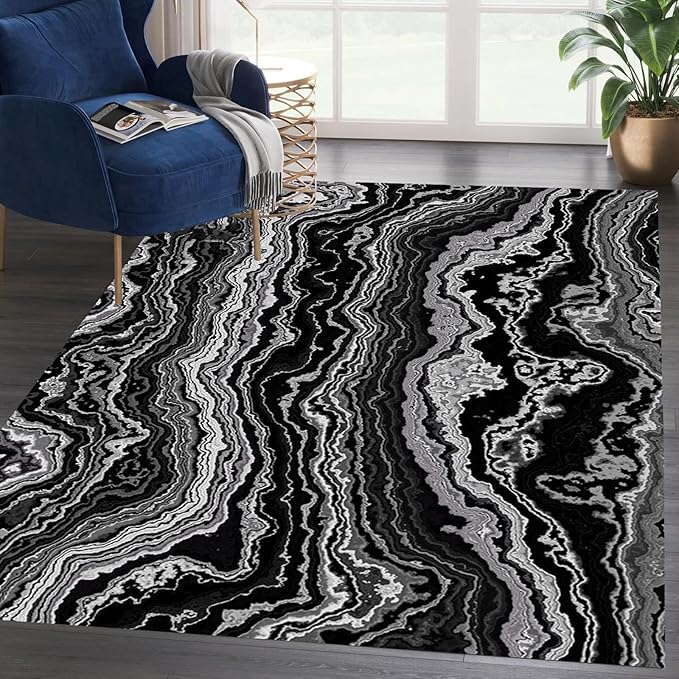 Luxury Black Grey Abstract Marble Collection Area Rug for Bedroom Dining Room Living Room Soft Carpet Low Pile Non-Slip Machine Washable Thin Throw Mat 6x8