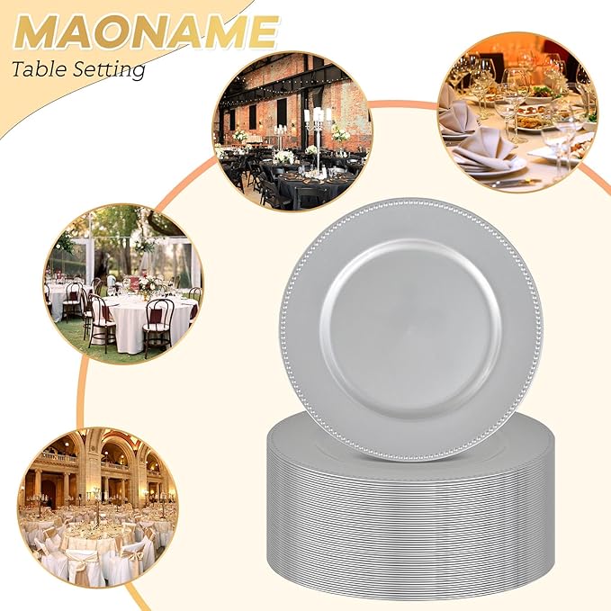 50 Pcs Silver Charger Plates Round Charger Plates13 Inch Bulk Wedding Dinner Elegant Reusable Plastic Chargers Plates Wedding Holiday Party Baby Shower Event Decoration (Silver)