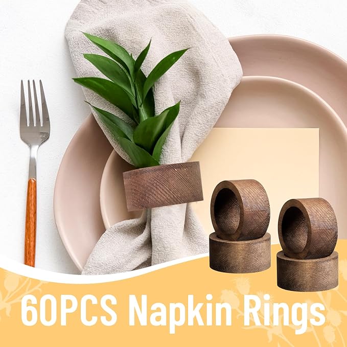 60pcs Wooden Napkin Rings, Handmade Dining Table Napkin Holder, Rustic Wood Napkin Holders Bulk for Weddings, Thanksgiving, Christmas & Events - 2 Inch, Brown