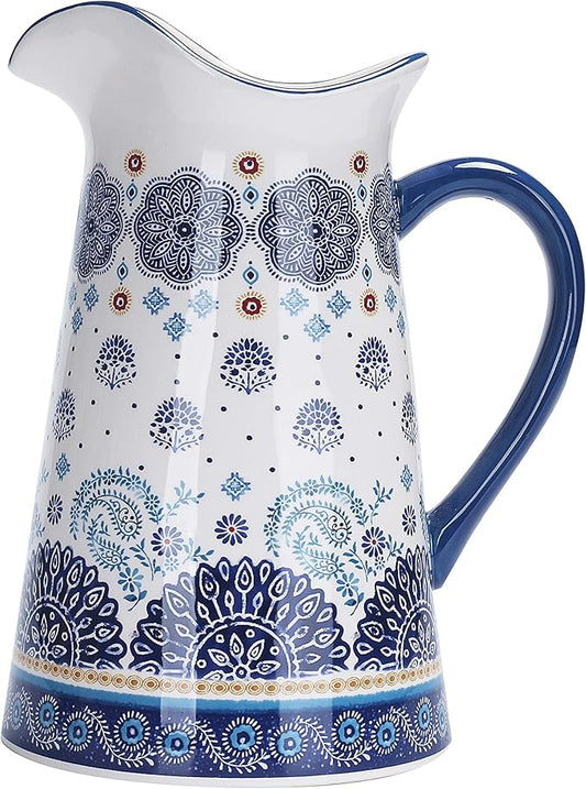 Bico Blue Talavera Ceramic 2.5 Quarts Pitcher with Handle, Decorative Vase for Flower Arrangements, Dishwasher Safe