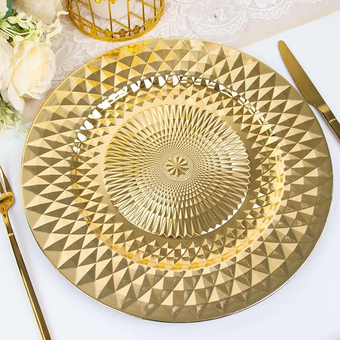 Efavormart 6 Pack | 13" Sparkling Gold Diamond Disposable Dinner Serving Plates, Shiny Round Plastic Charger Plates